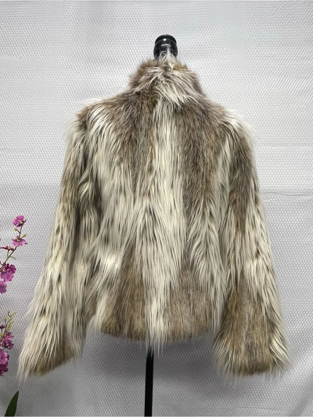 Fabulous Furs Diane Gilman Faux Fur Jacket M Brown Cream Hook Close Coat - Picture 2 of 4